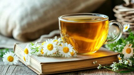 A warm cup of tea rests on a book, surrounded by delicate daisies, evoking a cozy and tranquil atmosphere.