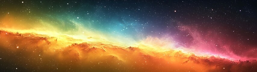 Obraz premium A stunning cosmic scene featuring a vibrant cosmic nebula with a gradient of colors ranging from deep blues to fiery oranges, set against a star-filled night sky.
