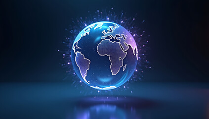 A spinning holographic globe with futuristic digital data streams flowing around it, representing global connectivity, artificial intelligence, and high-tech networking in an ultra-modern world.