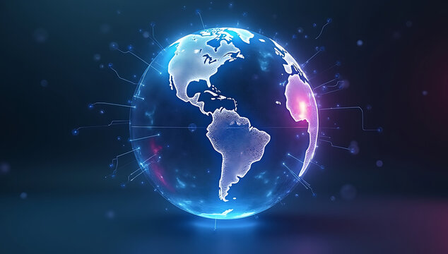 A spinning holographic globe with futuristic digital data streams flowing around it, representing global connectivity, artificial intelligence, and high-tech networking in an ultra-modern world.