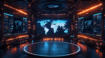 Advanced high-tech control room with global map and futuristic data streams. Generative AI