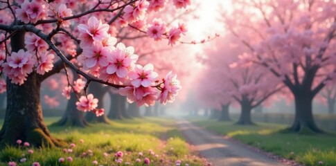 Fototapeta premium Blooming pink and white cherry blossoms in a forest landscape, spring, cherry blossoms