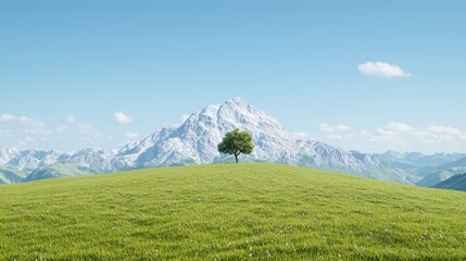 Fototapeta premium Lone tree on hill, mountain backdrop, sunny day, nature scene, peaceful landscape