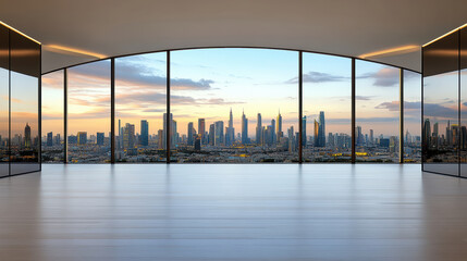 modern empty room with large windows showcasing city skyline at sunset
