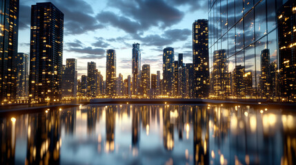 Obraz premium Futuristic city skyline at dusk with glowing lights reflecting on water