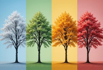 Four trees in different colors representing the four seasons against a transparent background.