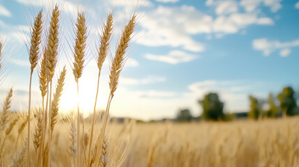 Fototapeta premium Golden wheat field swaying in breeze under blue sky