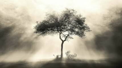 Obraz premium Solitary Tree in Misty Dawn: A Serene Landscape