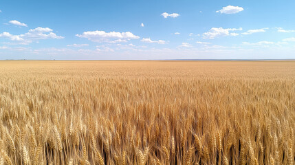 Obraz premium Golden wheat field swaying in breeze under blue sky