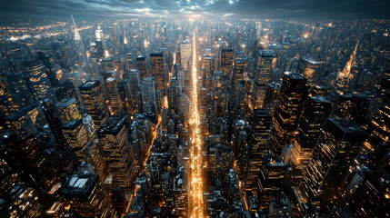 Obraz premium Aerial view of vibrant metropolis illuminated at night, showcasing city lights