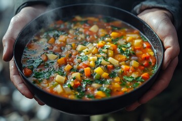 Steaming vegetable soup, hands, outdoors, winter background, food photography