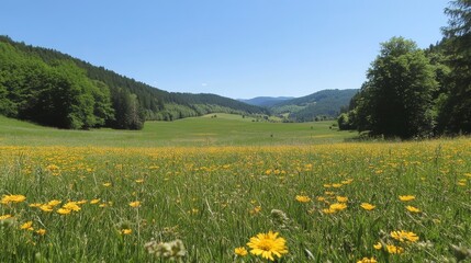 Fototapeta premium Serene meadow with wildflowers and rolling hills under clear blue sky