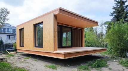 A modern wooden structure with large windows, designed for living or workspace.