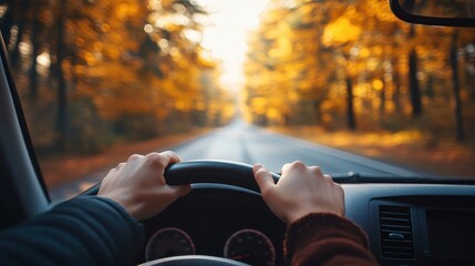 Close-up of Hands Resting on Steering Wheel While Driving Through Autumn Forest Road