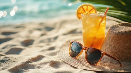 Refreshing Summer Drink with Sunhat and Sunglasses on Sandy Beach Surface Near Ocean