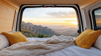 Cozy van interior with mountain sunrise view, perfect for adventure seekers