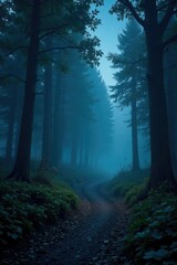 Obraz premium Path unwinds through darkness of misty woods under starry sky, misty forest, branches