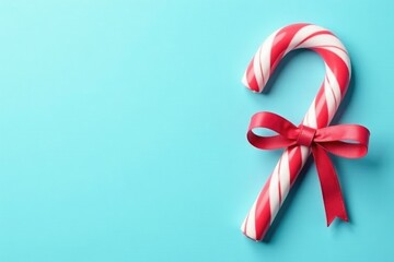 Pastel red and white candy cane on light blue background with a bow, candy cane, holiday, decoration