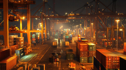 Fototapeta premium bustling port at night with towering cranes and colorful shipping containers creates vibrant industrial scene