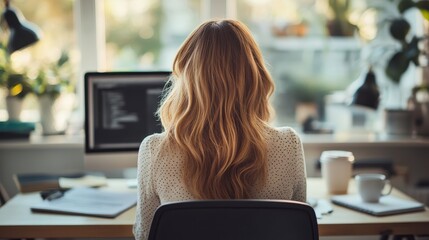 Professional Woman Sitting at Desk with Her Back to Camera in Modern Office Environment