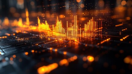 Close-up shot of an illuminated digital data stream with orange glowing bars rising from a network grid. Generative AI