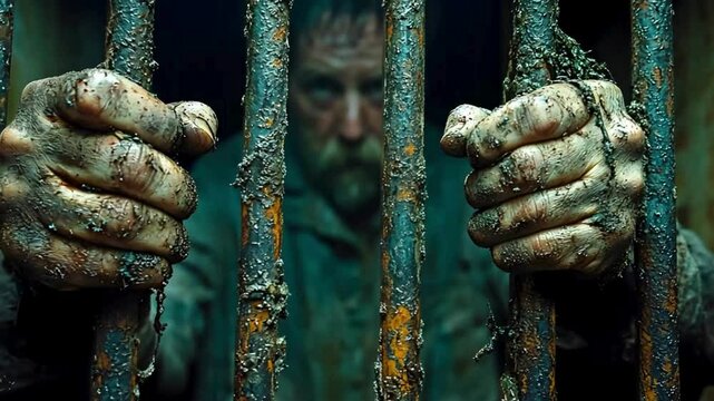 Prisoner Gripping Rusty Bars in Dim Cell