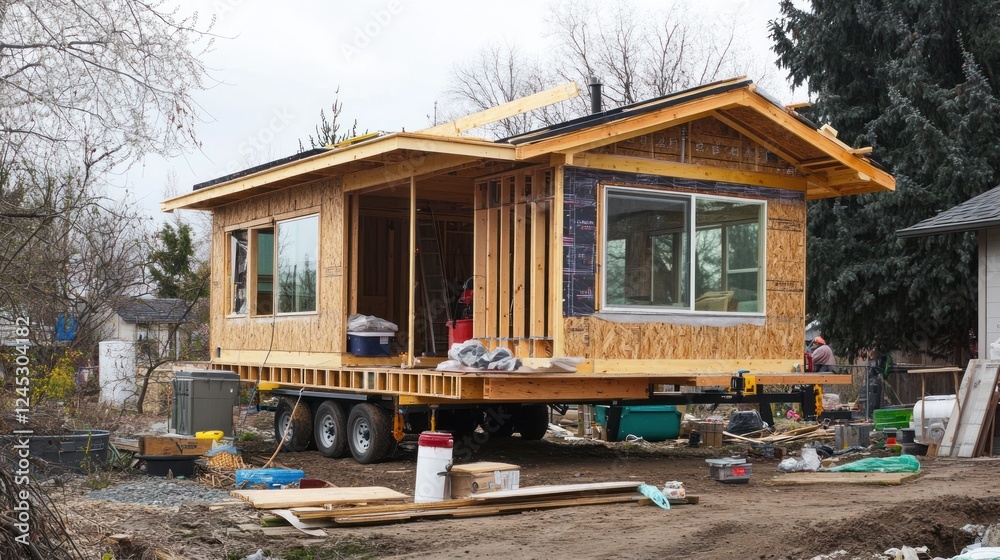 Poster a partially constructed tiny house on wheels, showcasing modern architecture and design.