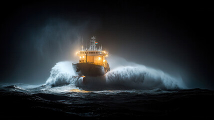 cargo ship navigating through stormy sea, illuminated by bright lights, creates dramatic scene of power and resilience