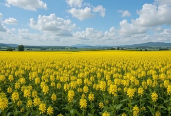 A vast field of bright yellow rapeseed flowers with mountains in the background