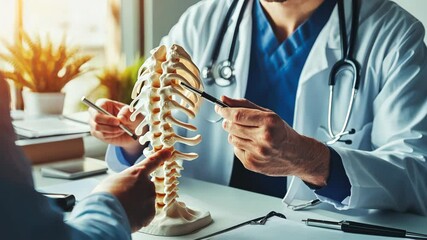 Medical consultation with doctor explaining human spine anatomy in office
