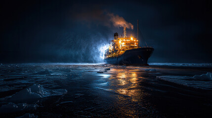 cargo ship sailing through icy waters night, illuminated by its lights, creates dramatic scene. icy landscape reflects ship glow, enhancing