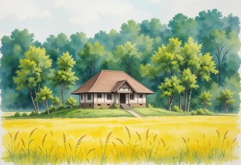 Fototapeta premium A watercolor painting of an Indian village with lush green trees and a yellow field in the foreground