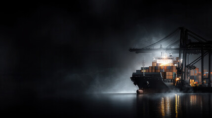 cargo ship unloading containers at port under dark sky, creating dramatic atmosphere