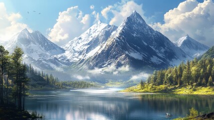 Naklejka premium Majestic Mountain Lake Serenity: A Breathtaking Panorama of Alpine Scenery