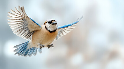 Obraz premium stunning blue jay taking flight with wings spread wide, showcasing its vibrant colors