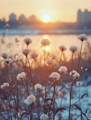 Fototapeta premium Sunlit wildflowers by riverside at dawn with soft golden hue