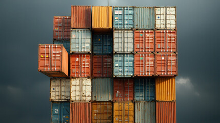 Fototapeta premium Stacked cargo containers in various colors against dark sky create striking industrial scene
