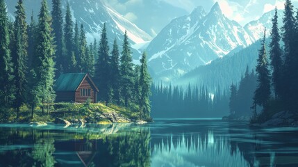 Fototapeta premium Serene Mountain Cabin by a Tranquil Lake