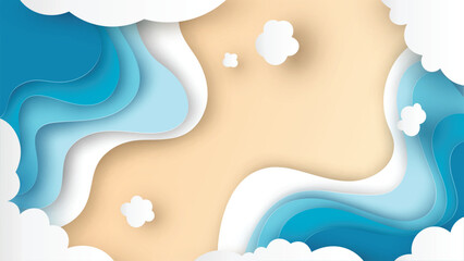 Sea beach aerial view. Top view of Beach. paper cut and craft style. vector, illustration.
