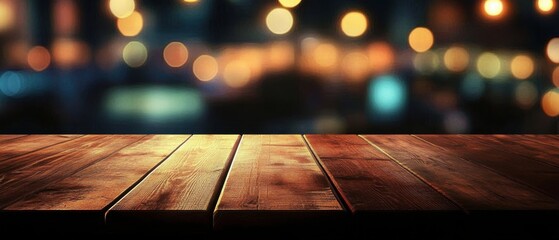 Wooden table blurred by a modern night scene in a restaurant- featuring generous copy space