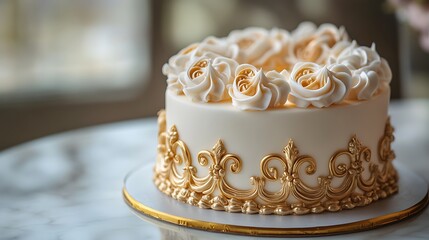 Fototapeta premium A glossy gold mirror glaze mousse cake featuring ornate piping details in white and pastel colors, forming a baroque-inspired design, placed on a polished marble surface with soft, natural lighting.