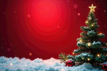 Obraz premium Snowy forest with pine branches and stars on a red background, holiday, background