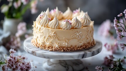 Fototapeta premium A glossy gold mousse cake with intricate hand-piped details in white and pale pink, arranged on a marble stand surrounded by delicate edible flowers, with soft, natural lighting enhancing its shine.