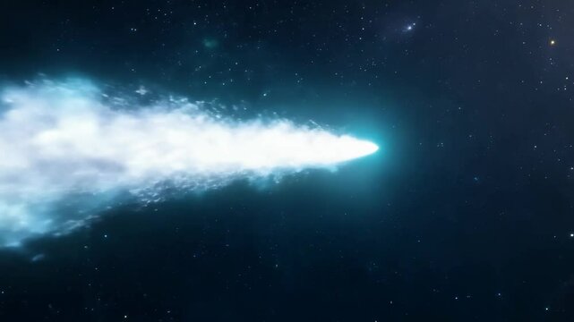 A bright comet streaking across the vastness of space, leaving a glowing white trail behind. Concept of celestial movement and cosmic wonders