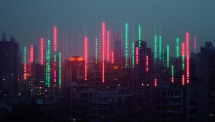 Night city skyline, data streams, financial market visualization, futuristic backdrop