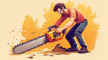 Naklejka premium A person using a chainsaw to cut through a tree stump in a stylized illustration.