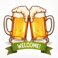 Two beer mugs clinking with frothy cheers, welcoming atmosphere