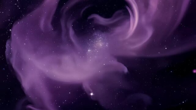 A mesmerizing cloud of purple cosmic dust floating in deep space, illuminated by distant starlight. Concept of intergalactic mystery and celestial beauty