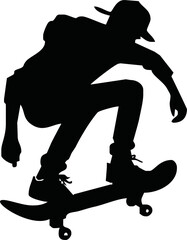 Stylish young skater jumping, skating Skateboard. Teenagers street culture entertainment. Skateboarding guy Hand-drawn outline contour silhouette. Can be used as tatoo, t-shirt. Vector illustration.