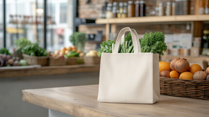 reusable bag filled with fresh vegetables in grocery store